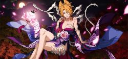 Rule 34 | 1girl, alternate form, arm support, bare legs, bleach, bleach: brave souls, breasts, cleavage, crossed legs, hair ornament, japanese clothes, kimono, large breasts, lips, long hair, matsumoto rangiku, night, night sky, official art, revealing clothes, seductive smile, shiny skin, sky, smile, solo