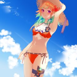 Rule 34 | 1girl, adapted costume, armpits, bikini, blush, breasts, cloud, day, earrings, feather earrings, feathers, gradient hair, halterneck, hat, highres, hololive, hololive english, holster, jewelry, long hair, looking at viewer, medium breasts, multicolored hair, nail polish, orange hair, outdoors, purple eyes, side-tie bikini bottom, sky, smile, solo, sun hat, swimsuit, takanashi kiara, thigh holster, thigh strap, virtual youtuber, yunare