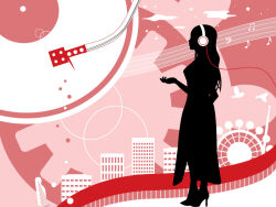 Rule 34 | 1girl, bass clef, beamed eighth notes, betete, bird, cable, cityscape, commentary, dress, eighth note, from side, full body, gears, headphones, high heels, megurine luka, musical note, nail polish, phonograph needle, pink background, record, silhouette, sixteenth note, solo, staff (music), star (symbol), vocaloid