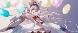 Rule 34 | 1girl, :d, animal, animal ears, balloon, bow, bow hairband, bowtie, buttons, double-breasted, granblue fantasy, grey shirt, hair bow, hairband, hand up, highres, holding, holding animal, holding balloon, long sleeves, looking at viewer, medium hair, midriff, miniskirt, mouse (animal), mouse ears, navel, open mouth, pleated skirt, red bow, red bowtie, red eyes, red hairband, ren (gh), shirt, skirt, smile, solo, vikala (granblue fantasy), white hair