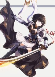 Rule 34 | 1girl, action, apron, armor, belt, black hair, black thighhighs, blunt bangs, breasts, cleavage cutout, clothing cutout, erika (shadowverse), eruthika, gauntlets, gloves, grey background, highres, jumping, knee pads, long sleeves, looking to the side, maid apron, medium breasts, open mouth, overskirt, pauldrons, puffy sleeves, purple eyes, shadowverse, short hair, shoulder armor, simple background, skirt, solo, sparks, sword, tassel, tasset, thighhighs, weapon, white skirt