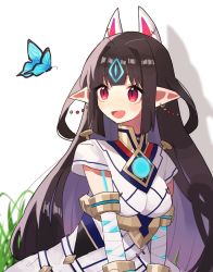 Rule 34 | 1girl, bandaged arm, bandages, breasts, bug, butterfly, cheese dakke, chest jewel, earrings, highres, hime cut, insect, jewelry, kasandra (xenoblade), long hair, open mouth, pointy ears, red eyes, small breasts, solo, very long hair, xenoblade chronicles (series), xenoblade chronicles 2