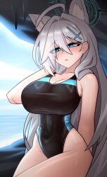 Rule 34 | 1girl, ahoge, animal ear fluff, animal ears, black one-piece swimsuit, blue archive, blue eyes, breasts, competition swimsuit, covered navel, cross hair ornament, extra ears, grey hair, hair ornament, halo, highres, large breasts, long hair, mismatched pupils, multicolored clothes, multicolored swimsuit, official alternate costume, one-piece swimsuit, shiroko (blue archive), shiroko (swimsuit) (blue archive), shiroko terror (blue archive), solo, swimsuit, very long hair, wolf ears, xaenyth