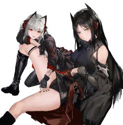 Rule 34 | 2girls, absurdres, antennae, arknights, bare shoulders, black footwear, black gloves, black hair, black panties, black skirt, boots, breasts, caijidayisheng, chinese commentary, commentary request, fingerless gloves, gloves, highres, horns, ines (arknights), knee boots, long hair, long sleeves, medium breasts, multiple girls, nail polish, panties, pencil skirt, short hair, silver hair, simple background, skirt, thigh strap, thighs, underwear, w (arknights), white background, yellow eyes