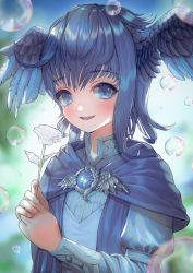 Rule 34 | 1girl, bird wings, blue capelet, blue eyes, blue gemstone, blue hair, blue shirt, blurry, blurry background, brooch, bubble, capelet, child, collared shirt, commentary request, dadaworld, feathered wings, final fantasy, final fantasy xiv, flower, from side, gem, hands up, head wings, highres, holding, holding flower, jewelry, juliet sleeves, korean commentary, light blush, long sleeves, looking at viewer, meteion, open mouth, own hands together, puffy sleeves, shirt, short hair, smile, solo, upper body, white flower, wings