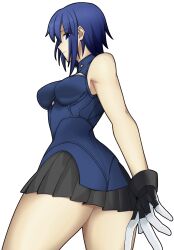 1girl absurdres ass bare_shoulders black_gloves black_skirt blue_dress blue_eyes blue_hair breasts ciel_(tsukihime) dress gloves highres large_breasts looking_at_viewer moyashi_(tenor366) pelvic_curtain powered_ciel short_dress short_hair skirt sleeveless sleeveless_dress solo tsukihime white_background