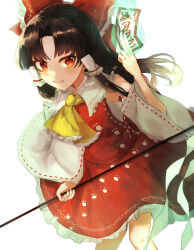 Rule 34 | 1girl, ascot, bare shoulders, between fingers, black hair, bow, detached sleeves, feet out of frame, gohei, hair bow, hair tubes, hakurei reimu, highres, hikage (0hi kageo), holding, holding gohei, japanese clothes, long hair, nontraditional miko, ofuda, ofuda between fingers, red bow, red eyes, red skirt, ribbon-trimmed sleeves, ribbon trim, sidelocks, simple background, skirt, solo, touhou, unfinished dream of all living ghost, white background, white sleeves, wide sleeves, yellow ascot