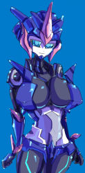 Rule 34 | 1girl, android, arcee, blue background, blue eyes, blue theme, breasts, female focus, huge breasts, marokko (41evol), mecha, robot, simple background, solo, transformers, transformers prime