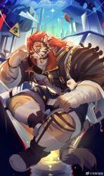 Rule 34 | 1boy, absurdres, bandaged arm, bandages, bara, cityscape, full body, furry, furry male, highres, large pectorals, long hair, looking at viewer, looking over eyewear, male focus, mature male, mole hm, muscular, muscular male, orange hair, original, pectorals, round eyewear, scar, scar across eye, shoes, short shorts, shorts, sitting, sleeves rolled up, socks, solo, sunglasses, thick eyebrows, white socks