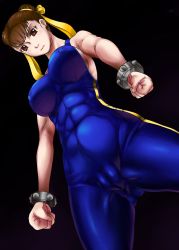 Rule 34 | 1girl, aabitan, abs, absurdres, bare shoulders, breasts, brown eyes, brown hair, cameltoe, capcom, chinese clothes, chun-li, cleft of venus, covered erect nipples, curvy, double bun, hair bun, highres, large breasts, legs, looking down, serious, short hair, simple background, solo, standing, street fighter, thighs