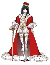 Rule 34 | 1girl, black eyes, black hair, blood, crown, dress, female focus, full body, fur trim, gold, highres, jewelry, looking at viewer, off-shoulder dress, off shoulder, original, red robe, robe, royal robe, scepter, short dress, simple background, solo, standing, tensui (yumemoyou), thighhighs, white background, white dress, white thighhighs
