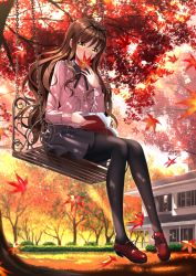 Rule 34 | 1girl, autumn leaves, black pantyhose, black ribbon, black skirt, blurry, blush, book, brown hair, covering own mouth, day, depth of field, dress shirt, falling leaves, full body, highres, holding, holding book, house, leaf, long hair, long sleeves, looking at viewer, maple leaf, neck ribbon, nose blush, open book, original, pantyhose, red footwear, ribbon, shirt, shoes, sitting, skirt, solo, swing, swordsouls, wavy hair, white shirt, yellow eyes