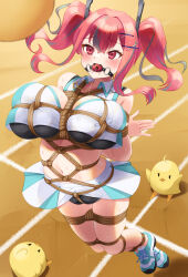 Rule 34 | 1girl, arms behind back, azur lane, ball, ball gag, bare shoulders, bdsm, bird, black bra, black panties, blush, bondage, bound, bound arms, bound legs, bra, breast bondage, breasts, bremerton (azur lane), bremerton (scorching-hot training) (azur lane), chick, cleavage, collarbone, collared shirt, commentary request, commission, crop top, crop top overhang, crotch rope, full body, gag, gagged, green footwear, green skirt, grey hair, hair between eyes, hair intakes, hair ornament, heart, heart necklace, highres, jewelry, jumping, large breasts, long hair, looking up, manjuu (azur lane), midriff, mole, mole under eye, mukanata, multicolored hair, navel, necklace, official alternate costume, panties, pink eyes, pink hair, rope, saliva, shadow, shibari, shibari over clothes, shirt, shoes, sidelocks, skeb commission, skindentation, skirt, sleeveless, sleeveless shirt, sneakers, sportswear, streaked hair, sweat, tennis uniform, twintails, two-tone hair, two-tone shirt, two-tone skirt, underwear, white shirt, white skirt, wiffle gag, x hair ornament