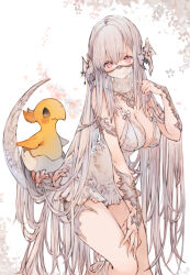 1girl au_ra blush breasts chicobo chocobo cleavage commentary commission final_fantasy final_fantasy_xiv highres horns kemomin_nosuke leotard long_hair looking_at_viewer medium_breasts mouth_veil nail_polish pink_eyes skeb_commission solo tail veil very_long_hair warrior_of_light_(ff14) white_hair white_leotard white_nails white_scales