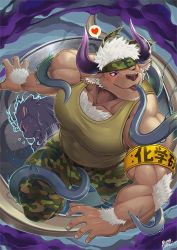 Rule 34 | 1boy, animal ears, bara, bare arms, bare shoulders, blush, bulge, camouflage, camouflage pants, chest hair, covered abs, covered erect nipples, cow boy, cow ears, cow horns, dynamic pose, flaming eye, flying sweatdrops, foreshortening, furry, furry male, green tank top, headband, horns, huge weapon, jaguar boy, large pectorals, licking, looking away, looking to the side, male focus, mumuthelion, muscular, one eye closed, open mouth, oversized object, pants, pectorals, purple eyes, purple horns, shennong (housamo), short hair, sideburns, solo, sweatdrop, syringe, tank top, tentacles, tentacles, tentacles on male, tezcatlipoca (housamo), thick thighs, thighs, tokyo houkago summoners, weapon, white hair, yin yang