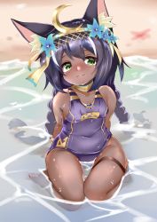 Rule 34 | 1girl, absurdres, animal ear fluff, animal ears, arms behind back, bastet (clover theater), beach, black hair, blue one-piece swimsuit, bracelet, braid, breasts, cat ears, clover theater, dark-skinned female, dark skin, flower, from above, green eyes, hair flower, hair ornament, highres, jewelry, long hair, looking up, low twintails, one-piece swimsuit, outdoors, school swimsuit, shengyu no xiaoa, sitting, small breasts, smile, solo, swimsuit, thigh gap, thighs, tiara, twin braids, twintails, very long hair, water