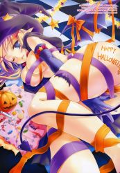 Rule 34 | 1girl, absurdres, blonde hair, blue eyes, body writing, breasts, candy, candy cane, checkerboard cookie, cookie, elbow gloves, food, gloves, halloween, happy halloween, hat, highres, jack-o&#039;-lantern, jelly bean, large breasts, naked ribbon, nekou izuru, one eye closed, pointy ears, pumpkin, ribbon, solo, tail, wings, wink, witch hat