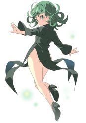 Rule 34 | 1girl, ass, black dress, breasts, commentary request, curly hair, dress, flipped hair, floating, full body, green eyes, green hair, medium hair, neneko-n, one-punch man, side slit, small breasts, solo, tatsumaki, v-shaped eyebrows, white background