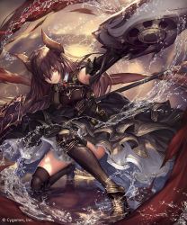 Rule 34 | 10s, 1girl, armor, armored boots, armpits, black thighhighs, boots, bow, brown hair, commentary request, draph, elbow gloves, forte (shingeki no bahamut), gloves, high heel boots, high heels, highres, horns, long hair, polearm, red eyes, shadowverse, shingeki no bahamut, skirt, solo, tachikawa mushimaro, thighhighs, thighhighs under boots, weapon