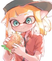 Rule 34 | + +, 1girl, black headwear, blonde hair, blue eyes, burger, chewing, closed mouth, commentary request, food, highres, holding, holding burger, holding food, inkling, inkling girl, inkling player character, long hair, nintendo, pointy ears, red shirt, shirt, sideways hat, simple background, solo, splatoon (series), tentacle hair, thick eyebrows, upper body, white background, yksb inc6