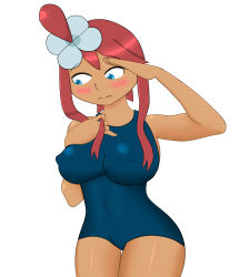 Rule 34 | 1girl, blue theme, blush, breasts, chaoschrome, cleavage, collarbone, creatures (company), dark-skinned female, dark skin, female focus, game freak, gym leader, hair bun, hair ornament, hairclip, highres, large breasts, legs, long hair, navel, nintendo, one-piece swimsuit, pokemon, pokemon (anime), pokemon bw, pokemon bw2, red hair, salute, single hair bun, skyla (pokemon), solo, standing, stomach, swept bangs, swimsuit, tan, wide hips