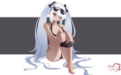Rule 34 | 1girl, absurdres, doodle sensei (blue archive), bare arms, bare legs, bare shoulders, barefoot, bikini, black bikini, black gloves, blue archive, blush, breasts, collarbone, eyewear on head, gloves, grey hair, hair over one eye, highres, iori (blue archive), iori (swimsuit) (blue archive), leiroken, long hair, medium breasts, official alternate costume, open mouth, red eyes, sensei (blue archive), solo, sunglasses, swimsuit, twintails