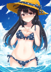 Rule 34 | 10s, 1girl, 3:, adapted costume, bikini, black hair, blush, bow, breast suppress, breasts, cleavage, cloud, cloudy sky, coffeedog, day, dripping, front-tie top, hands on own chest, hat, hat bow, hat ribbon, kantai collection, long hair, navel, outdoors, polka dot, polka dot bikini, polka dot bow, polka dot ribbon, polka dot swimsuit, ribbon, shiny skin, side-tie bikini bottom, sky, solo, straw hat, swimsuit, ushio (kancolle), wading, water, wavy mouth