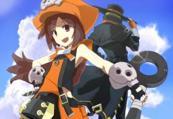 Rule 34 | 1boy, 1girl, anchor, bad id, bad pixiv id, brown eyes, brown hair, fingerless gloves, flat chest, gloves, guilty gear, hand on own hip, hat, highres, johnny (guilty gear), long hair, may (guilty gear), orange hat, orange shirt, pirate hat, shirt, skull and crossbones, sleeveless, solo focus, weasel (close-to-the-edge)