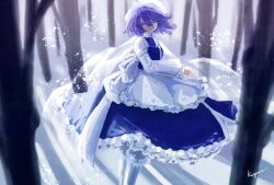 Rule 34 | 1girl, apron, artist name, blue skirt, blue vest, closed eyes, day, forest, frilled apron, frilled sleeves, frills, highres, koyane (silver81106), letty whiterock, medium hair, nature, shadow, shirt, signature, skirt, snow, solo, sunlight, touhou, tree, tree shade, veil, vest, waist apron, white shirt