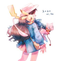 Rule 34 | 1girl, bag, blue coat, brown eyes, brown hair, character doll, closed mouth, coat, creatures (company), dated, dedenne, from side, game freak, gen 1 pokemon, gen 6 pokemon, hat, hat ribbon, highres, holding, leaf (pokemon), legendary pokemon, long hair, long sleeves, mew (pokemon), mythical pokemon, nintendo, pikachu, pokemon, pokemon (creature), pokemon frlg, r.aka., ribbon, scarf, shoulder bag, signature, skirt, white background, white headwear, winter clothes