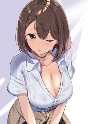 Rule 34 | 1girl, ahoge, azur lane, baltimore (after-school ace) (azur lane), baltimore (azur lane), beige cardigan, black choker, black skirt, blush, braid, breasts, brown hair, cardigan, cardigan around waist, choker, cleavage, clothes around waist, collarbone, collared shirt, commentary request, cowboy shot, foreshortening, french braid, hair between eyes, highres, large breasts, looking at viewer, mattyazuki, official alternate costume, one eye closed, parted lips, pleated skirt, school uniform, shirt, short hair, short sleeves, sidelocks, skirt, solo, wet, wet clothes, wet shirt, white background, white shirt, yellow eyes