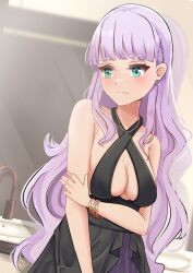 Rule 34 | 1girl, absurdres, black dress, blunt bangs, blush, bracelet, breasts, cleavage, commentary request, dress, green eyes, hand on own arm, highres, indoors, jewelry, long hair, love live!, love live! superstar!!, medium breasts, mirror, necklace, purple hair, sink, solo, standing, upper body, wavy hair, whin, wien margarete