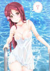 Rule 34 | 10s, 1girl, ?, bare arms, bare shoulders, breasts, brown eyes, cameltoe, cleavage, clueless, cowboy shot, dress, flower, frapowa, hair flower, hair ornament, long hair, looking at viewer, love live!, love live! sunshine!!, medium breasts, nipples, no bra, panties, pool, pool ladder, red hair, sakurauchi riko, see-through, sleeveless, sleeveless dress, solo, speech bubble, spoken question mark, standing, straight hair, strap slip, tareme, thighs, underwear, water, water drop, wet, wet clothes, wet dress, white dress, white panties