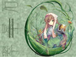 Rule 34 | 00s, 1girl, black ribbon, character name, closed mouth, corset, dress, english text, foreshortening, frilled sleeves, frills, garden, green dress, green eyes, green theme, headset, heterochromia, holding, lace, leaf, long hair, long sleeves, looking at viewer, outstretched arm, plant, red eyes, ribbon, rozen maiden, smile, solo, suiseiseki, upper body, very long hair, vines, wallpaper, watering can, wide sleeves, yamamoto nori
