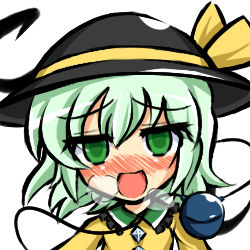 Rule 34 | 1girl, blush, green eyes, green hair, hat, heavy breathing, kisaragi zwei, komeiji koishi, looking at viewer, lowres, matching hair/eyes, open mouth, short hair, simple background, solo, touhou, upper body, white background