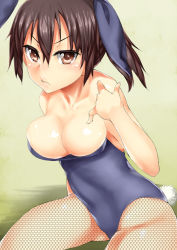 Rule 34 | 10s, 1girl, alternate costume, animal ears, bare shoulders, blush, breasts, brown eyes, brown hair, rabbit ears, rabbit tail, playboy bunny, collarbone, covered navel, fake animal ears, fishnet pantyhose, fishnets, frown, kaga (kancolle), kantai collection, large breasts, pantyhose, short hair, side ponytail, solo, tail, tsukatan
