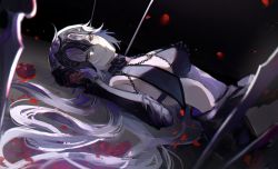 Rule 34 | 1girl, absurdres, black background, black gloves, blurry, blurry foreground, breasts, chain, clothing cutout, commentary, fate/grand order, fate (series), flower, gauntlets, gloves, gradient background, grey hair, hand up, headpiece, highres, jeanne d&#039;arc alter (avenger) (fate), jeanne d&#039;arc alter (fate), large breasts, long hair, looking at viewer, lying, on back, parted lips, polearm, red flower, red rose, rose, side cutout, spear, weapon, yellow eyes, zaza (zazam s)