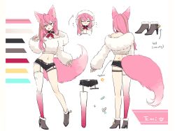 Rule 34 | 1girl, animal ears, ass, bandaid, character sheet, collar, commission, commissioner upload, emiko (shaula32), from behind, full body, fur sweater, hair ornament, hairclip, high heels, highres, looking at viewer, midriff, multiple views, nail polish, naozi, navel, off shoulder, original, pink eyes, pink hair, short shorts, shorts, standing, star (symbol), tail, thigh strap, tongue, tongue out, white background, wolf ears, wolf tail