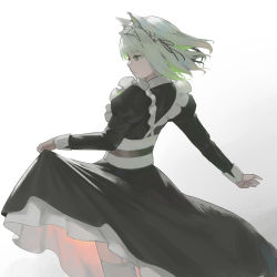 Rule 34 | 1girl, animal ear fluff, animal ears, apron, arknights, black dress, cat ears, closed mouth, clothes lift, commentary, dress, from behind, garter straps, green eyes, green hair, grey background, highres, juliet sleeves, kal&#039;tsit (arknights), lifting own clothes, long sleeves, maid, maid apron, maid headdress, medium hair, official alternate costume, profile, puffy sleeves, skirt, skirt lift, solo, thighhighs, ts-ix, white apron, white background, white thighhighs