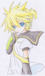 Rule 34 | 1boy, arm warmers, blonde hair, blue eyes, coffee (coffeenomenai), colored pencil (medium), hand to own mouth, headphones, headset, highres, kagamine len, male focus, necktie, ponytail, sailor collar, shirt, short sleeves, smile, solo, t-shirt, traditional media, vocaloid, white shirt