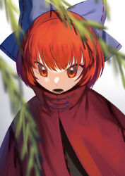 Rule 34 | 1girl, absurdres, black shirt, blue bow, bow, branch, cape, hair bow, highres, medium hair, nanashi nasi, open mouth, red cape, red eyes, red hair, sekibanki, shirt, solo, touhou, upper body, white background