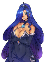Rule 34 | 1girl, amulet, bare shoulders, black dress, black gloves, black hair, blue eyes, breasts, cleavage, covered navel, crown, dress, earrings, elbow gloves, gloves, hair over one eye, halterneck, highres, jewelry, large breasts, lipstick, long hair, luna (my little pony), makeup, maniacpaint, my little pony, my little pony: friendship is magic, personification, solo, very long hair