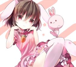 Rule 34 | 1girl, animal ears, bad id, bad pixiv id, brown hair, carrying, dress, garter straps, inaba tewi, jewelry, looking at viewer, necklace, opopowa, pendant, pink dress, pink eyes, puffy sleeves, rabbit, rabbit ears, short sleeves, solo, thighhighs, touhou, white thighhighs, zettai ryouiki