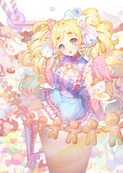 Rule 34 | 1girl, blonde hair, blue bow, blue eyes, blush, bow, bubble, cup, drill hair, gingerbread man, green bow, hair bow, highres, long hair, looking at viewer, open mouth, original, pink bow, pink footwear, pink thighhighs, plate, purple bow, purple ribbon, ribbon, shoes, solo, striped clothes, striped thighhighs, teacup, teapot, teeth, thighhighs, tp (kido 94), twintails, vertical-striped clothes, vertical-striped thighhighs, white thighhighs