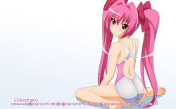 Rule 34 | 1girl, ass, barefoot, blush, bow, calendar, competition swimsuit, di gi charat, feet, female focus, from behind, gradient background, hair bow, highres, long hair, looking back, march, one-piece swimsuit, pink hair, red eyes, sitting, solo, squatting, sugimura tomokazu, swimsuit, twintails, usada hikaru, very long hair, wariza