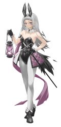 Rule 34 | 1girl, absurdres, adapted costume, animal ears, arknights, bare shoulders, black footwear, black gloves, black hairband, black leotard, commentary request, detached collar, fake animal ears, full body, furukura m, gloves, grey eyes, grey hair, hairband, hand on own hip, highres, holding, holding lantern, irene (arknights), lantern, leotard, long hair, looking at viewer, pantyhose, partial commentary, rabbit ears, scar, scar across eye, shoes, simple background, solo, standing, strapless, strapless leotard, white background, white pantyhose