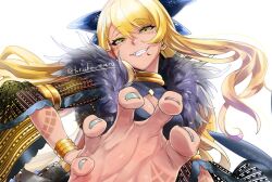 Rule 34 | 1girl, armlet, black dress, blonde hair, body markings, bracelet, breasts, chin piercing, cleavage, cleavage cutout, clothing cutout, dark-skinned female, dark skin, dragon girl, dragon horns, dragon tail, dress, facial mark, fate/grand order, fate (series), feet, fur-trimmed dress, fur trim, grin, horns, jewelry, large breasts, long hair, long sleeves, looking at viewer, neck ring, smile, soles, solo, swept bangs, tail, toes, torichamaru, vritra (fate), wide sleeves, yellow eyes