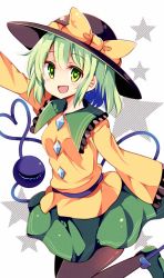 Rule 34 | 1girl, blush, bow, eyeball, green eyes, green hair, hat, hat bow, heart, heart-shaped pupils, heart of string, jpeg artifacts, komeiji koishi, long sleeves, looking at viewer, matching hair/eyes, maturiuta sorato, open mouth, outstretched arm, pantyhose, shirt, shoes, short hair, simple background, skirt, smile, solo, star (symbol), string, symbol-shaped pupils, third eye, touhou, white background, wide sleeves