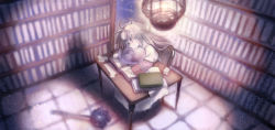 Rule 34 | 1girl, :3, acolyte (ragnarok online), book, brown eyes, brown hair, capelet, chair, closed mouth, commentary request, desk, dress, full body, head rest, highres, jakushou archer, lantern, library, light particles, long hair, long sleeves, looking at viewer, mace, messy hair, paper, poring, ragnarok online, sitting, slime (creature), weapon, white capelet, white dress