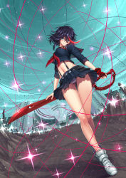 Rule 34 | 1girl, adsouto, black hair, black serafuku, black skirt, blue eyes, breasts, clenched hand, clothes lift, day, eyes visible through hair, fingerless gloves, gloves, highres, kill la kill, large breasts, lips, matoi ryuuko, microskirt, midriff, multicolored hair, navel, outdoors, panties, pleated skirt, red gloves, red hair, school uniform, scissor blade (kill la kill), senketsu, serafuku, short hair, single glove, skirt, solo, standing, striped clothes, striped panties, suspenders, trigger (company), underwear, upskirt, weapon